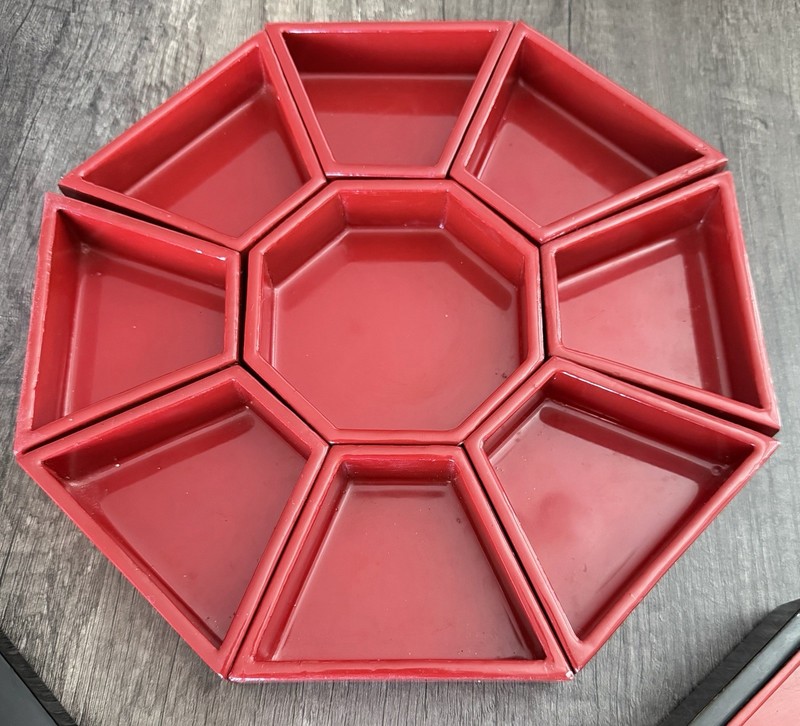 Vtg Korean Oxblood Lacquer Mother of Pearl Crane Bento Gujeolpan Box 9-Section gallery