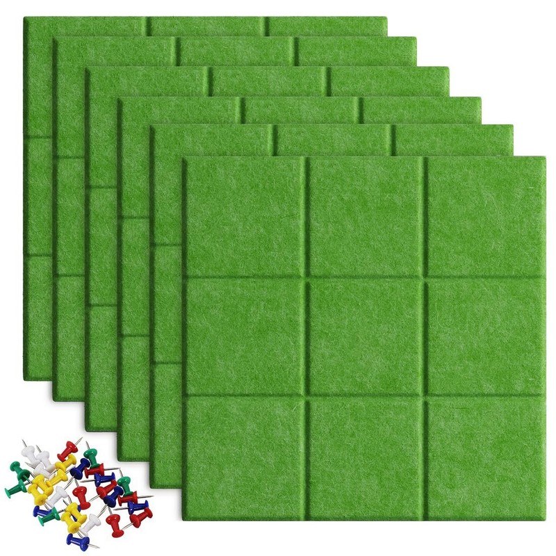 6 Pack Green Felt Board Tiles, 11.8×11.8, 30 Push Pins, Pin Notice Board, Wall