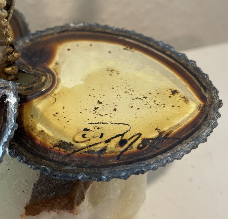 Vintage Brass & Copper Cattails & Lily Pad Sculpture Stone Base Signed 13" Tall gallery