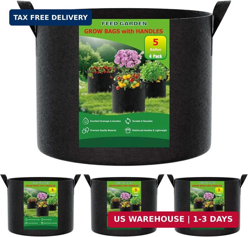 5 Gallon Grow Bags 4 Pack – 300G Thickened Fabric Plant Pots with Reinforced ...