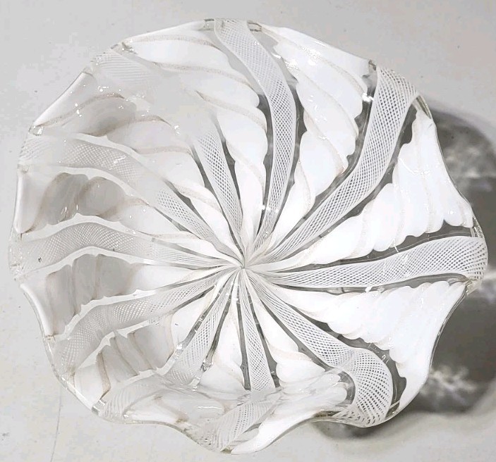 Italian Murano Style White Ribbon Swirl Art Glass Pedestal Candy Dish Co Vintage gallery