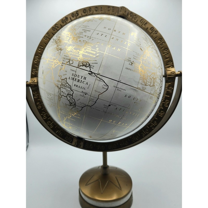 White and Gold Decorative Desk Globe with Brass Tone Metal and Marble Stand