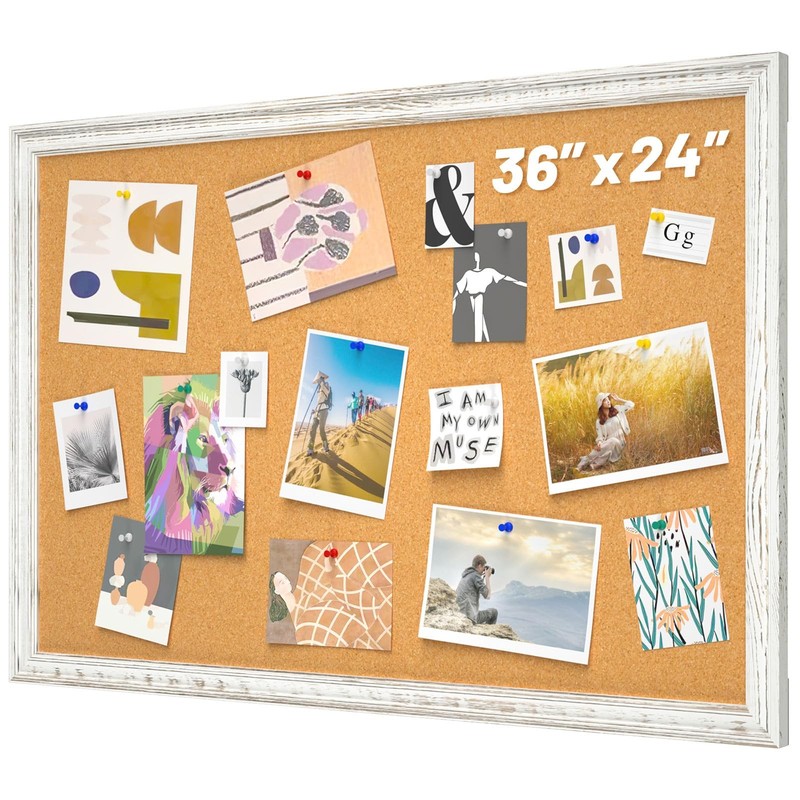 White Cork Board for Wall, 36 x 24 inches Decorative Bulletin Board, Rustic W…
