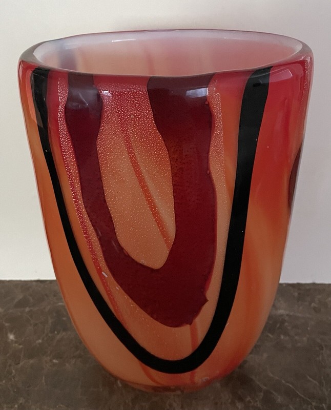 Dale Tiffany Favrile Genuine Hand Blown Art Glass Vase Orange Red Black 10 3/4″