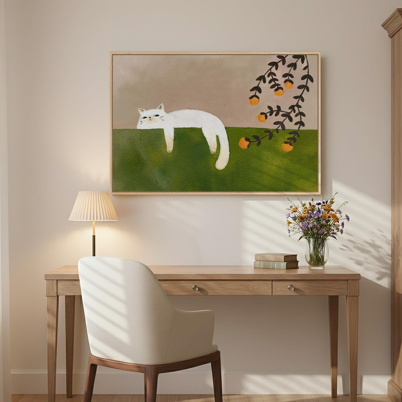 Framed Neutral and Green Wall Art for Bedroom Decor, Large Cozy Cat Canvas Pa... gallery