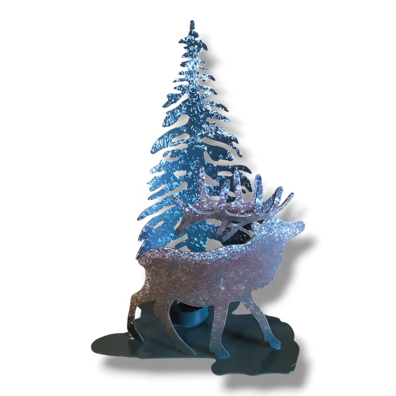 Metal Moose Elk Tree Silhouette Rustic Candle Holder Tabletop or Wall Hanging