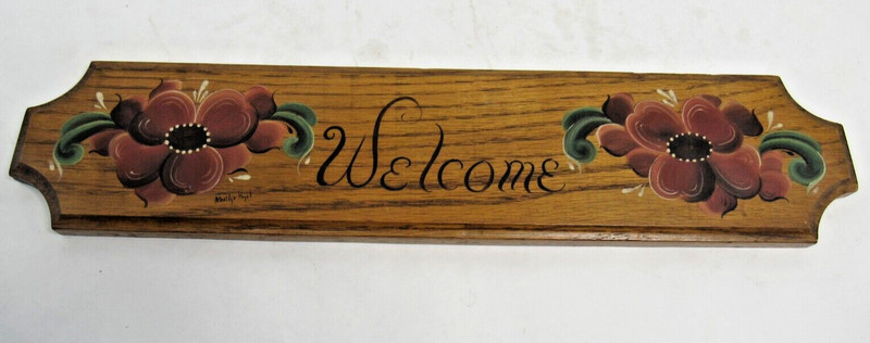 Vintage Handpainted Welcome Sign 15″ x 3.5″ Signed By Artist Rosemaling Norweiga