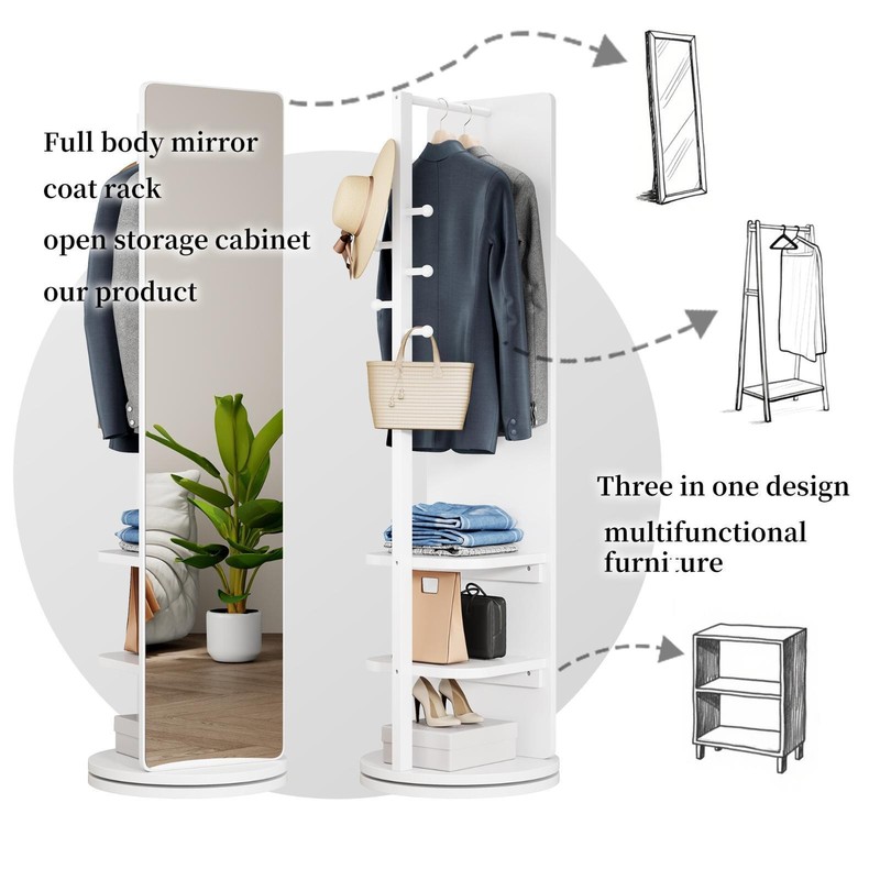 Solid Wood 69”x16” Rotating Mirror & Coat Rack - Space-Saving Solution for gallery