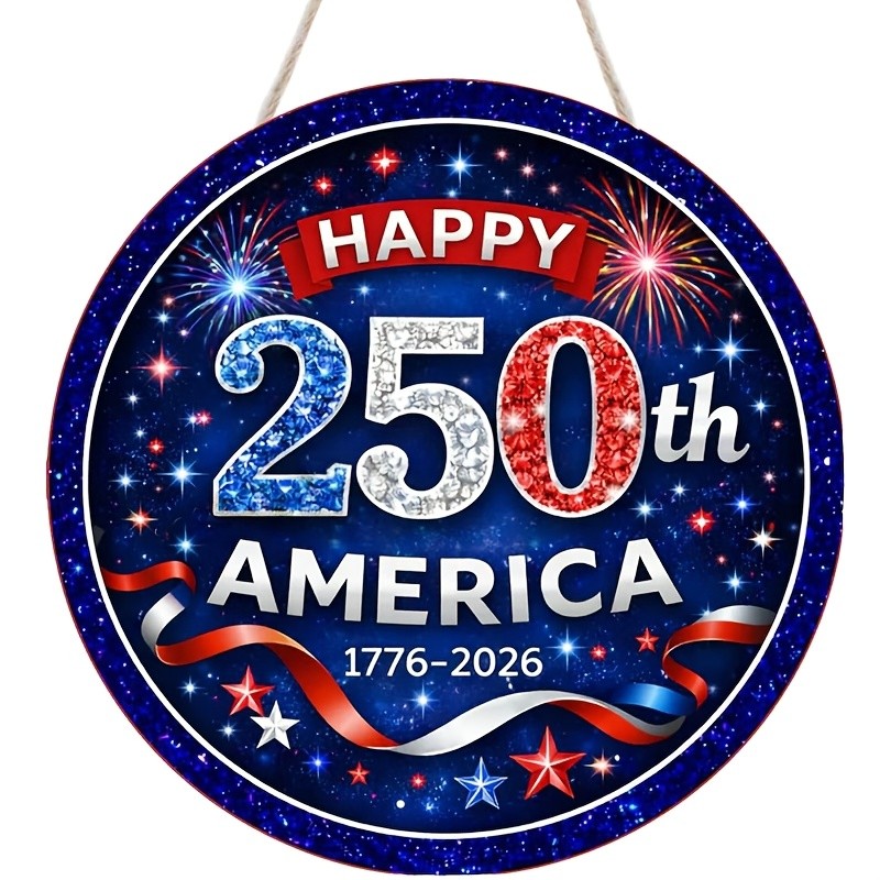Wooden Door Sign Aluminum Sign 8 Round 250th Anniversary Patriotic Wreath