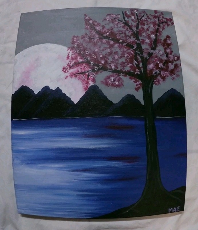 Magenta Moon Cherry Blossom tree Acrylic Painting 20″x16″