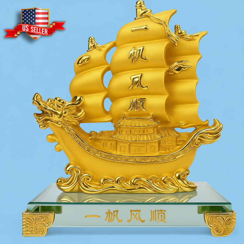 Feng Shui Gold Dragon Sailing Ship Boat Statue Success Fortune Office Decor
