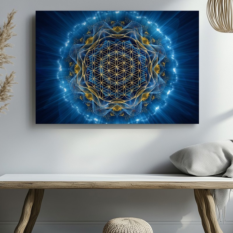 Radiant, Abstract Design Featuring A Golden Flower Of Life Pattern At Wall Art gallery
