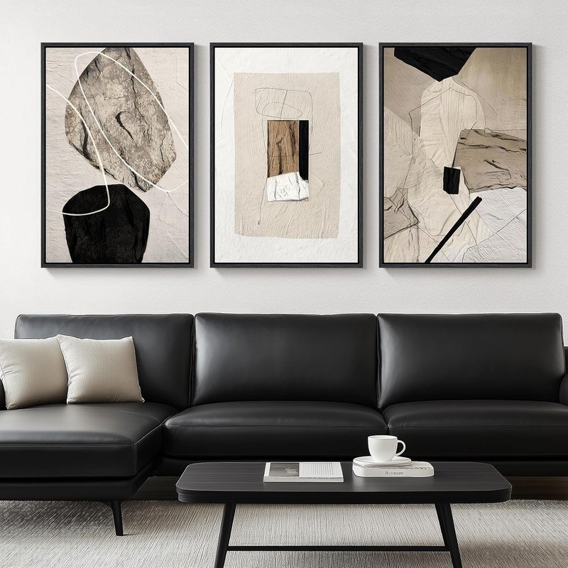 Large Framed Neutral Abstract Wall Art for Living Room, 3 Piece Modern Canvas... gallery