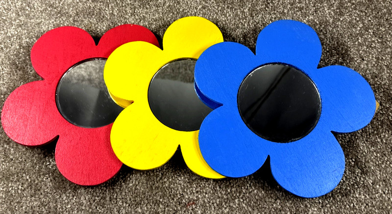 Vibrant Yellow, Pink & Blue Flower Shaped 7”x7” Wall Shelf Mirrors, 60’s Retro gallery