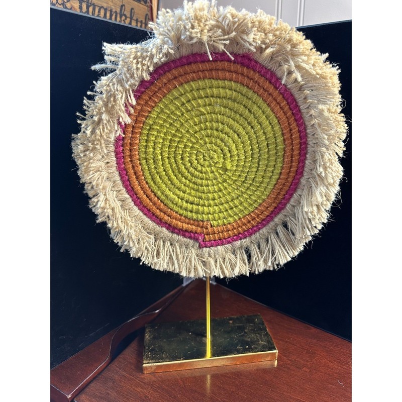 Bohemian Hand Woven Fiber Art Sculpture Circular Jute Fringe Gold Stand Decor