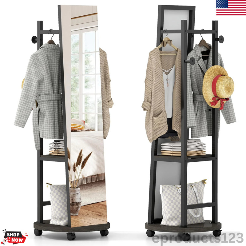 Full Length Mirror Coat Rack 55″ Standing Floor Mirror on Wheels with Shelves