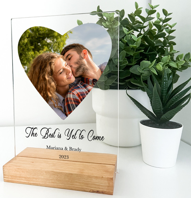 Personalized Heart Shape Photo Frame With Wood Base, Desk, Display Love Birds