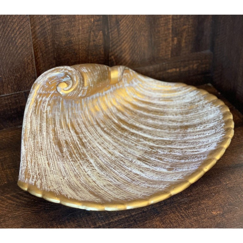 Large Gold Seashell Bowl Coastal Decor | Distressed Wash Shell Dish Centerpiece gallery