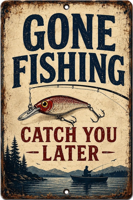 Gone Fishing Catch You Later Sign Vintage Fishing Cabin Decor 8×12 Metal Sign