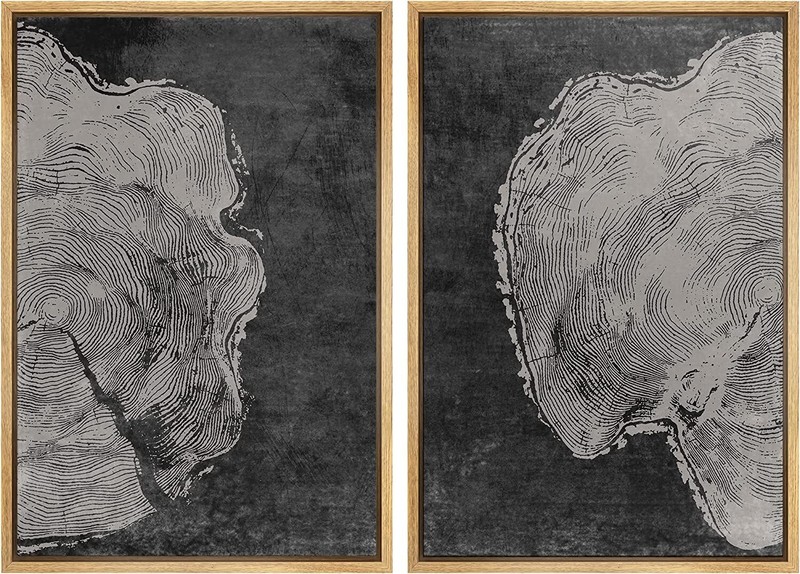 Black Tree Annual Ring Wall Art Framed Canvas Prints Set of 2 Minimalist Decor