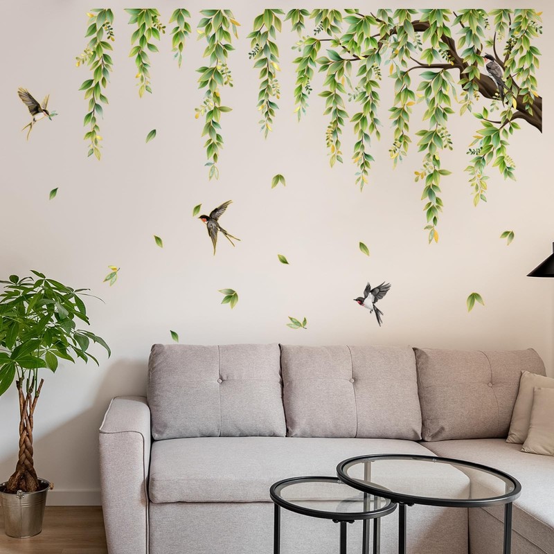 Large Green Tree Branch Hanging Vine Wall Stickers, Green Leaf Flower Birds W…