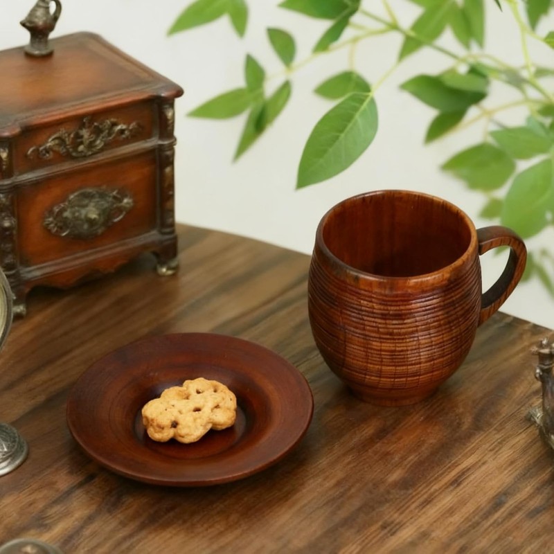 Wooden Mug Cup and Coaster Set, Sour Jujube Wood Cup with Handle & Saucer, gallery