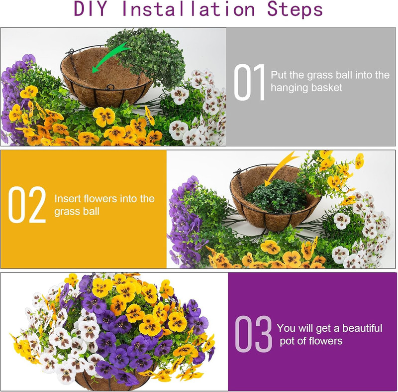 2 Sets Artificial Hanging Pansy Flowers with Baskets, 24 Pcs UV Resistant Faux S gallery