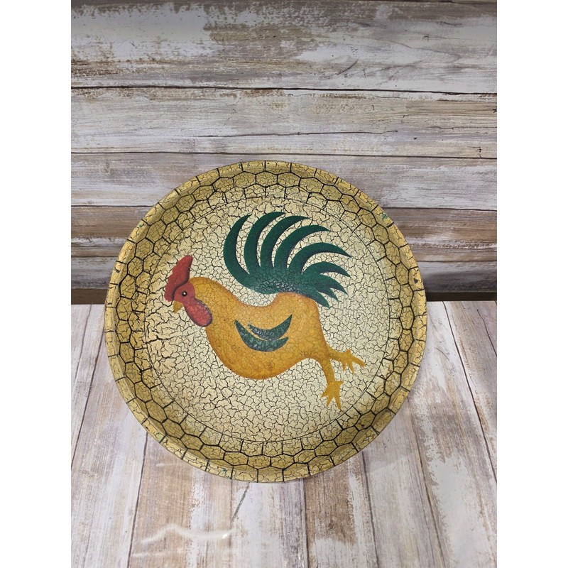 Rustic Hand Painted Rooster Wooden Bowl Farmhouse Folk Art Crackle Finish Red
