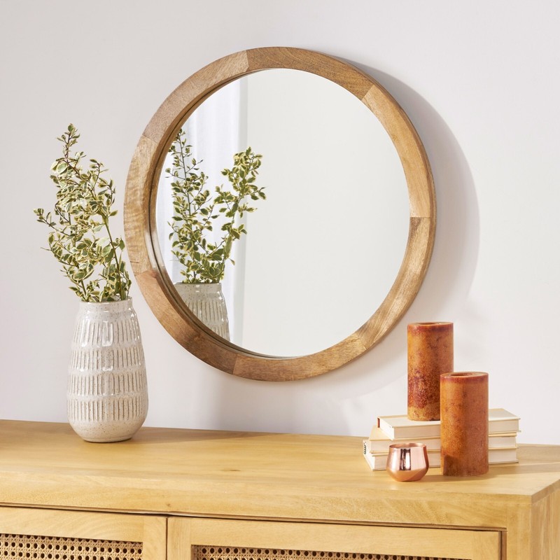 Modern Round Mirror with Mango Wood Frame gallery