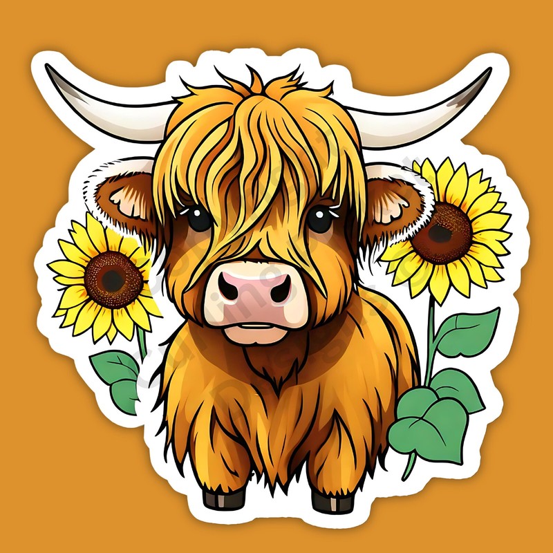 Highland Cow With Sunflowers Cute Adorable 3″ Vinyl Sticker