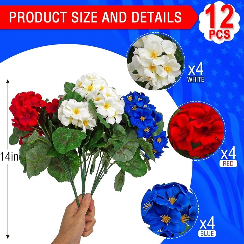 12 Pcs UV Resistant Artificial Geranium Flowers - Red, White, Blue Decor gallery