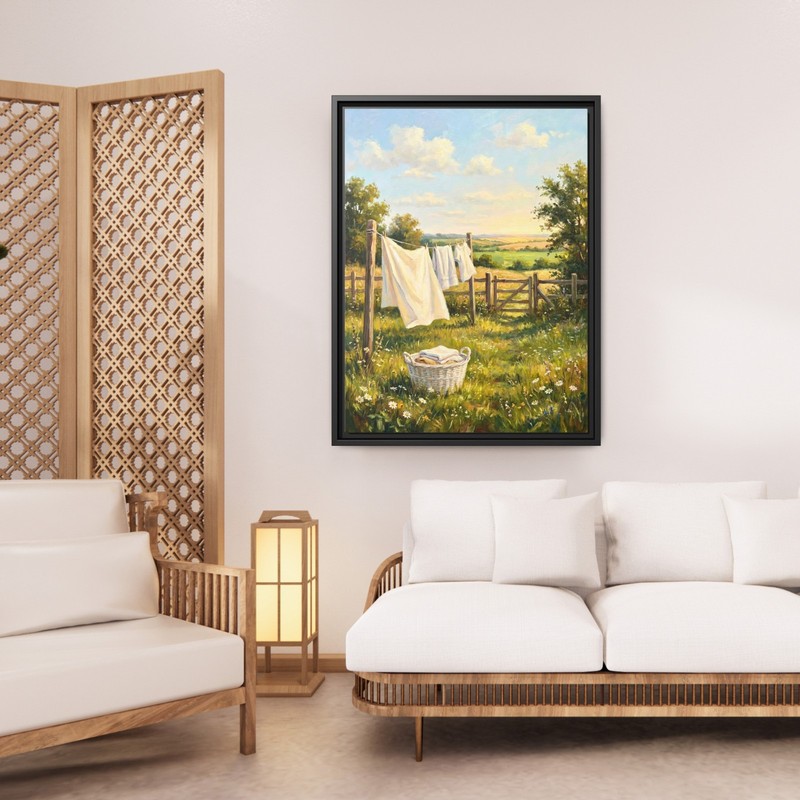 Countryside Laundry Clothesline Canvas Print, Sunny Summer Meadow Painting gallery