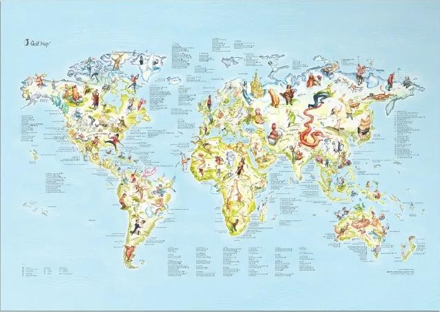 World of Golf Wall Map - Hand Drawn Poster of The World's Best Golf Courses