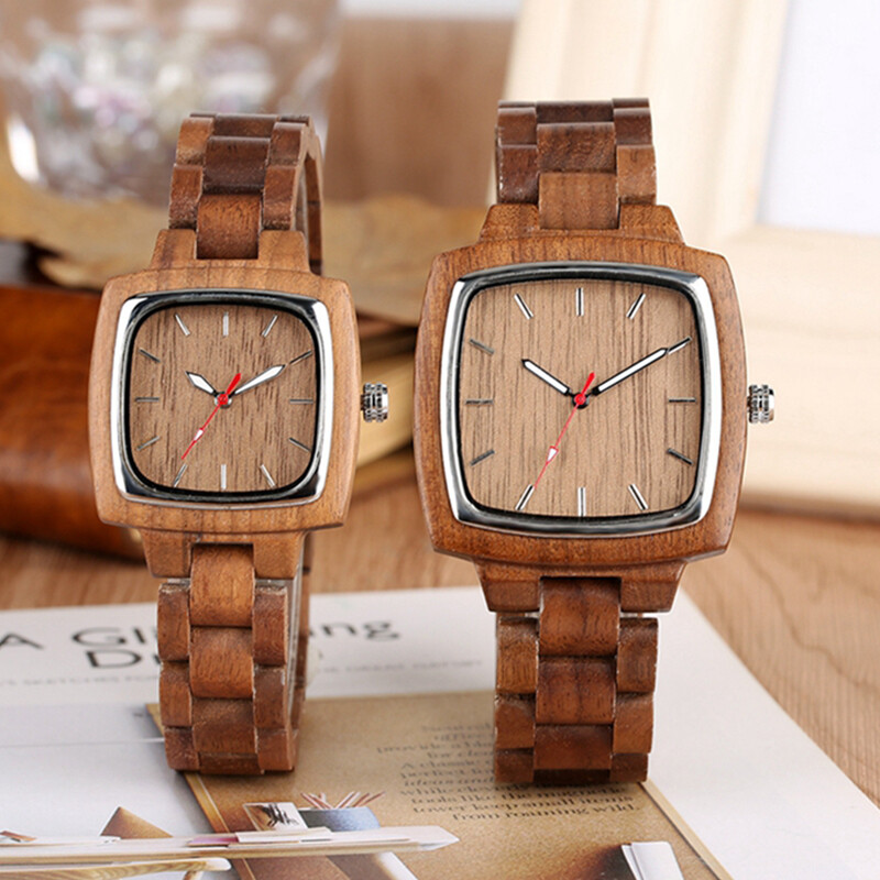 Couple Square Wood Watch Lover Bracelet Wrist Watches Natural Real Walnut Wood gallery