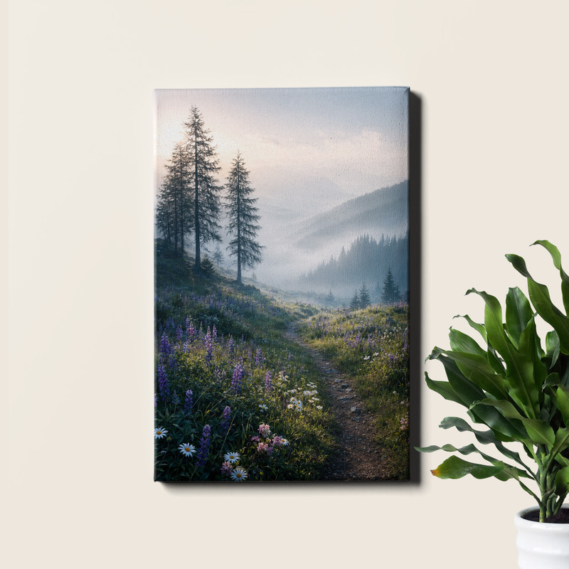 Misty alpine meadow wildflower path Art Print dreamy mountain trail