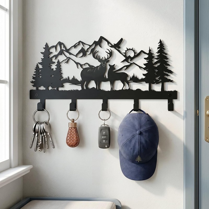 Metal Key Holder Wall Mount, Rustic Cabin Key Rack Hooks, Woodland Wildlife W... gallery