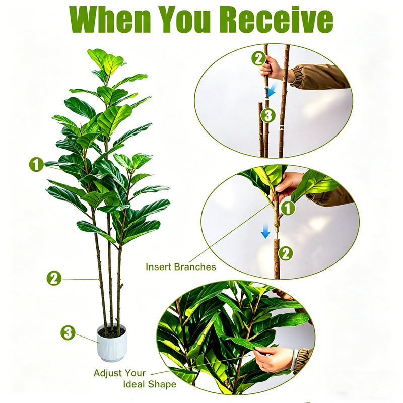 5Ft Artificial Fiddle Leaf Fig Tree Realistic Adjustable Branches White Planter gallery