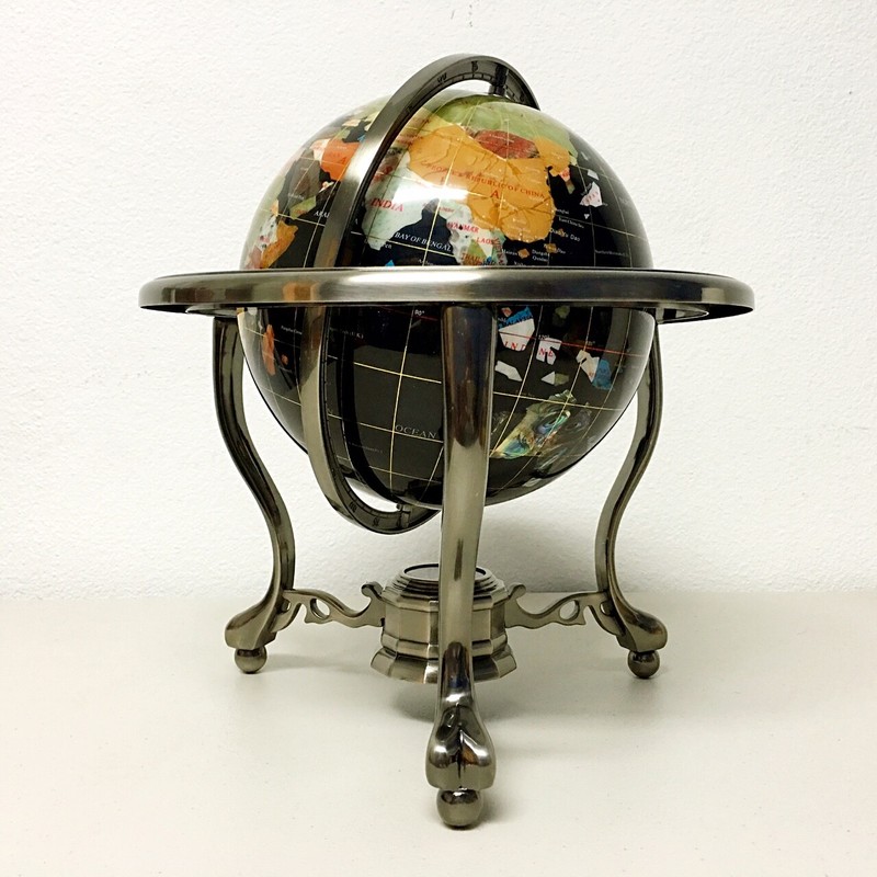 14″ Black ocean Silver 3- leg table stand Gem MOP Gemstone World MAP globe