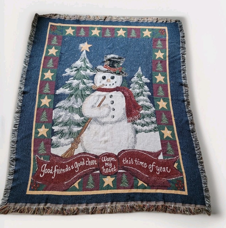 Vintage Home Interiors Throw Blanket Holiday Snowman Tapestry 50×60 Made In USA