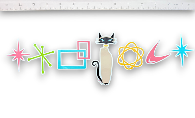 Retro Atomic Mid Century Symbol Vinyl Stickers Starburst Atom Siamese Cat