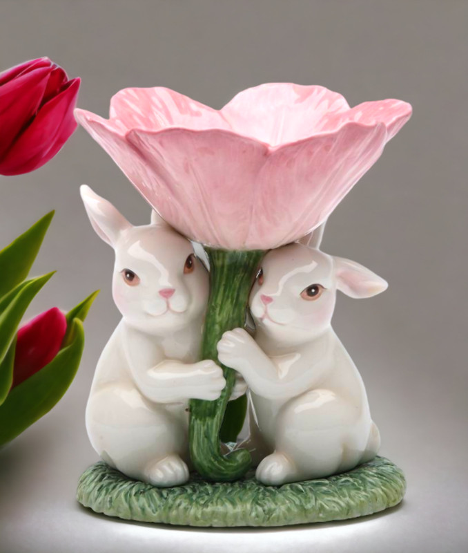 Ceramic Easter Bunny Rabbits with Pink Flower Candle Holder, Gift for Her, Gift