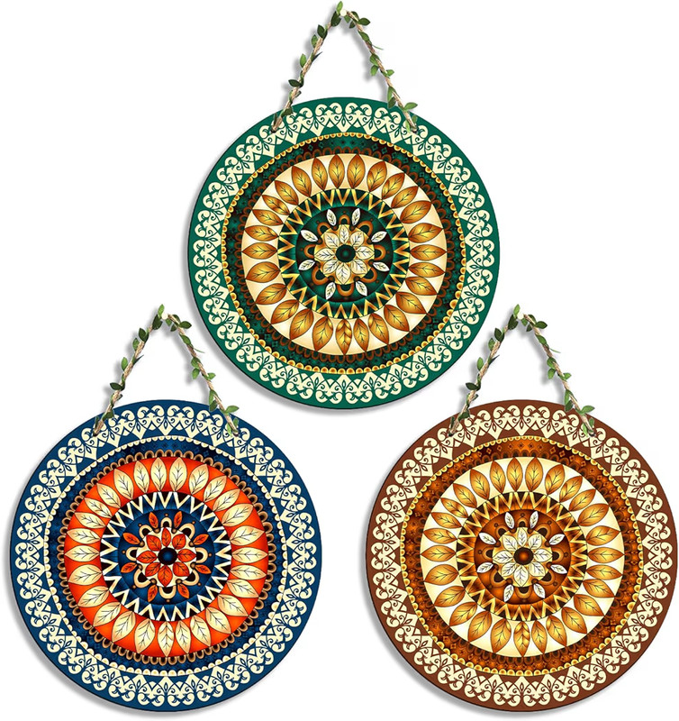 3Pc Round Wooden Wall Hanging Plaque Set Leaf Mandala Boho Art Medallion Decor