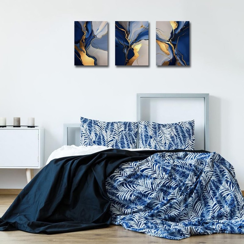 Blue Abstract Canvas Prints Wall Art Decor- Blue and Gold Artwork Paintings P... gallery