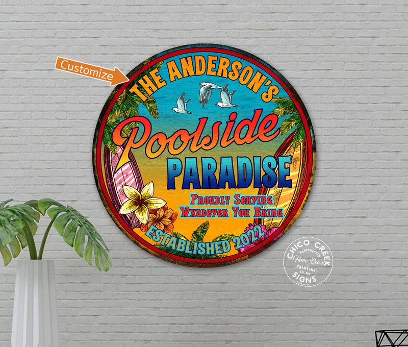 Personalized Family Pool Decor Sign Poolside Paradise 14″ Round 100142002015