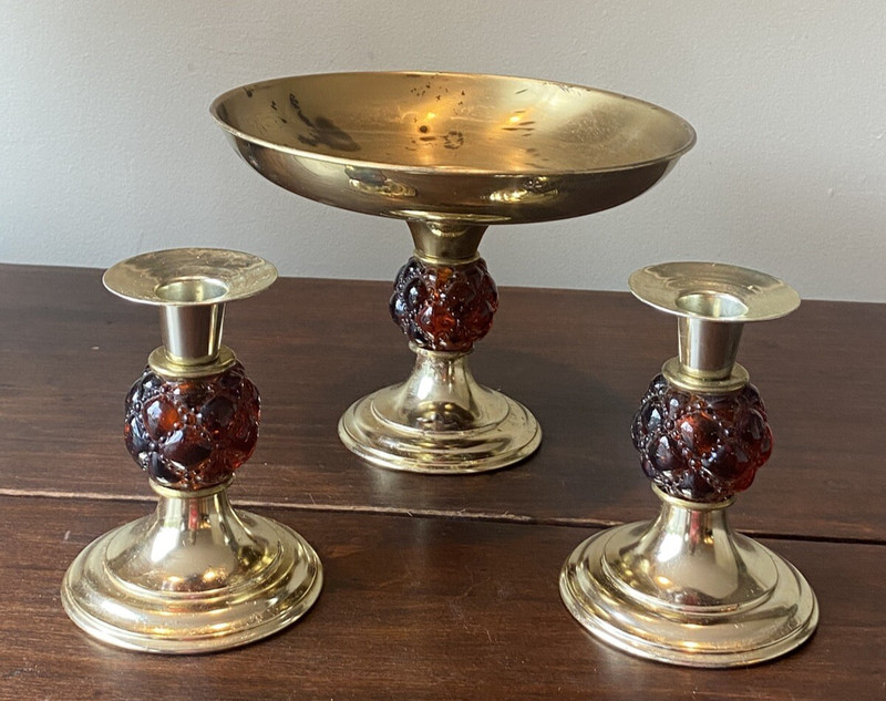 Vtg Pedestal Bowl With Amber Glass Stem & 2 Candle Holders Matching 3 Piece Set