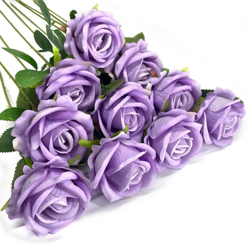 10PCS Artificial Roses Flower with Stems Slik Fake Flowers Light Purple gallery