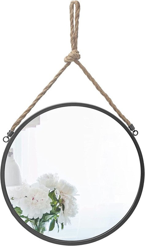 NEW Black Gray Black 16″ Round Metal Rope Detail Circle Frame Hanging Mirror