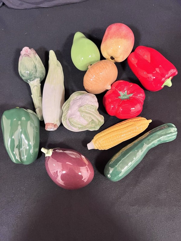 12 Piece Lot Of Vintage Ceramic High Gloss Fruit Vegetable Figurines Glazed