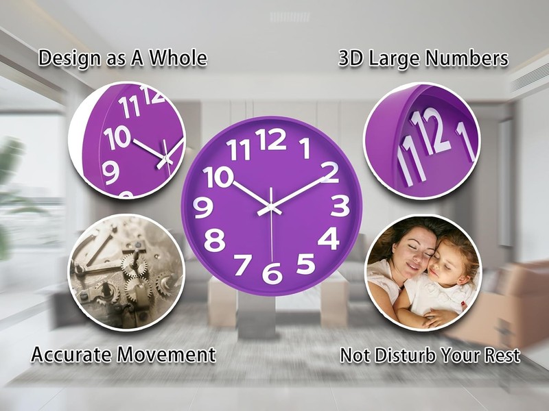 12-Inch Modern Purple Wall Clock, Silent Non-Ticking, Large Numbers, Accurate... gallery