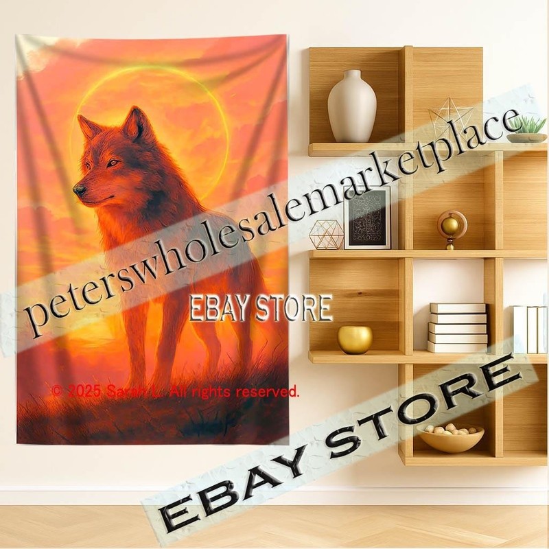 Wolf Sunset tapestry 3D relief look spirit animal fabric 59X82 in gallery